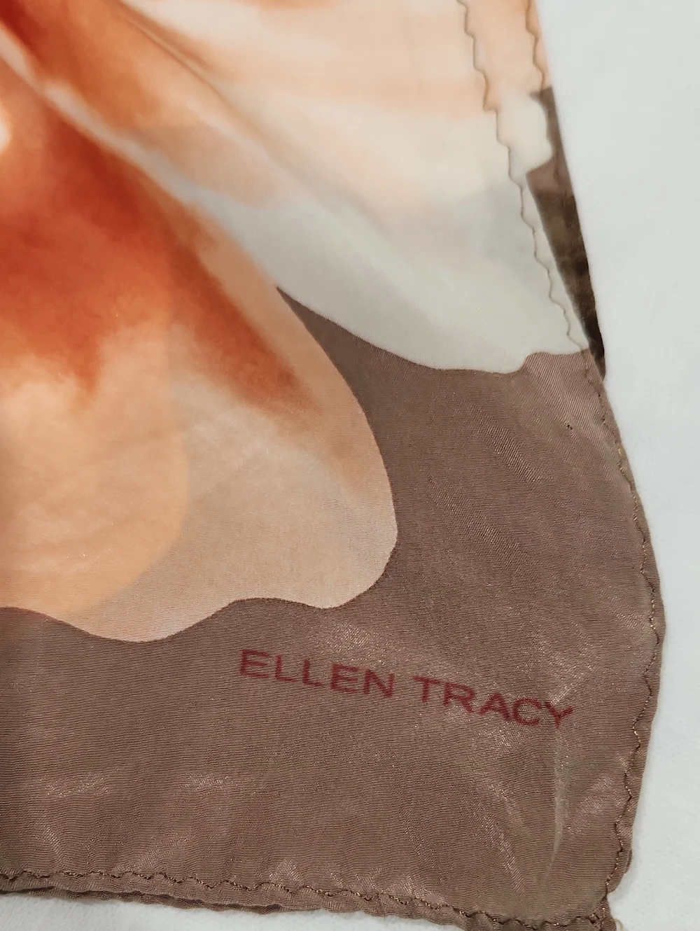 Ellen Tracy Taupe and Orange Floral Silk Scarf Size 10x 56 Inches
